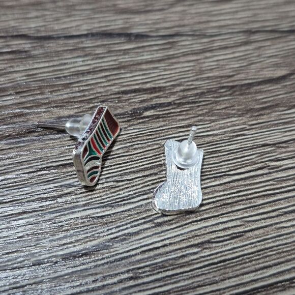 Striped Christmas Stocking Stud Earrings | Enamel Teal, Red Stripes - Picture 5 of 7